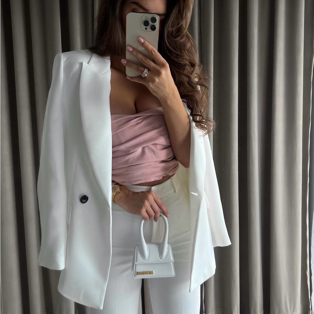 Zara blazer suit jacket white single button collared oversize casual office